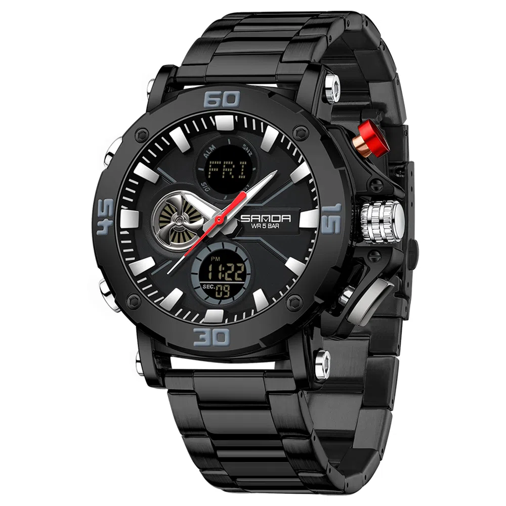 三达 时尚潮流男士双显示学生腕表 电子+石英机芯 钢表带 国表 男表 黑色表盘 防水