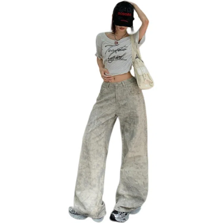 淑好百 宽松阔腿扎染牛仔裤 女款