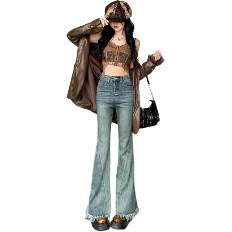 淑好百 复古蓝流苏毛边微喇叭牛仔裤 女款