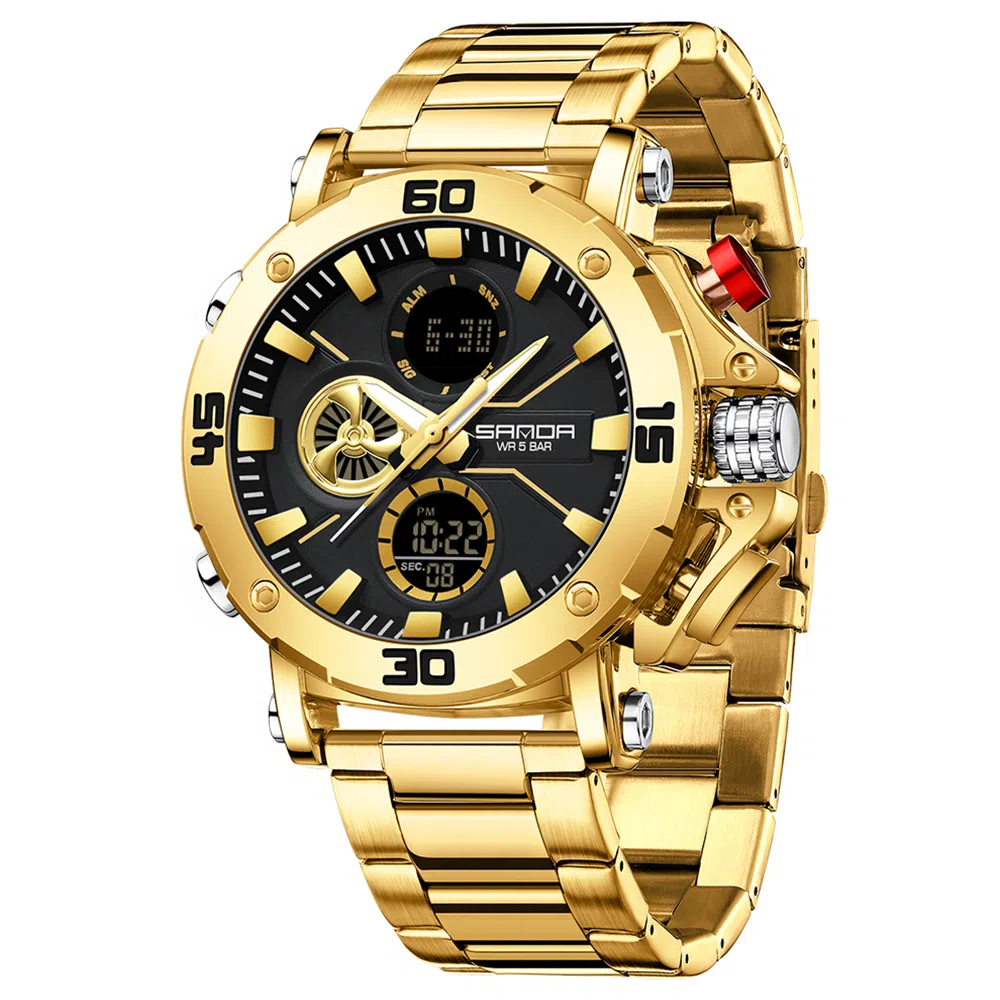 三达 时尚潮流男士双显示学生腕表 电子+石英机芯 钢表带 国表 男表 黑色表盘 防水