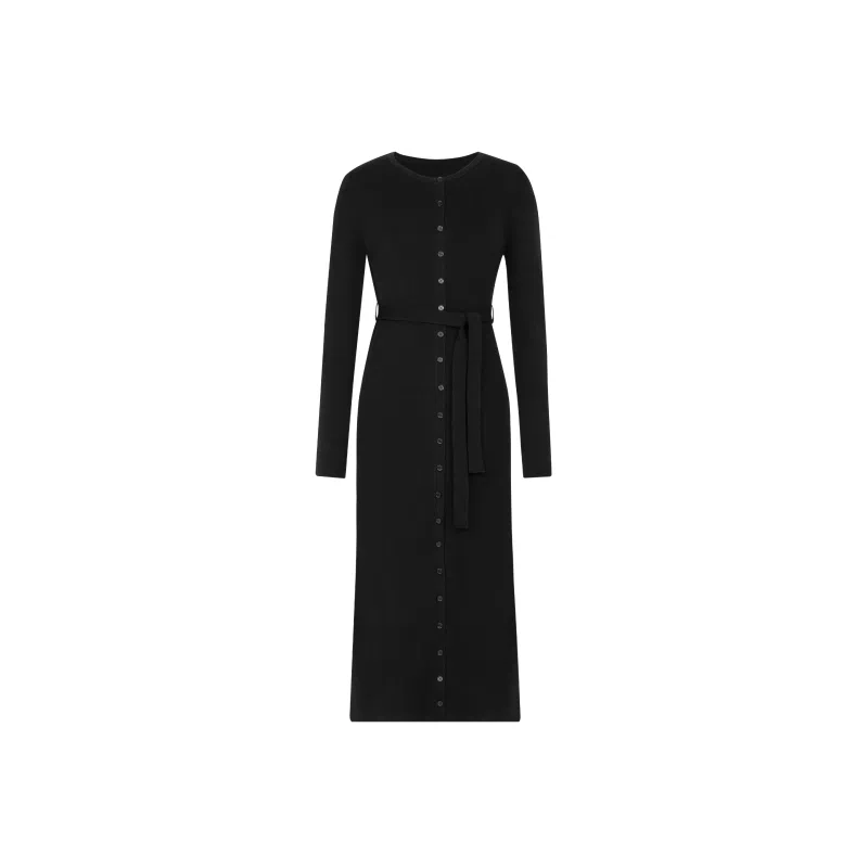 美洋 真丝羊绒混纺装饰扣长袖连衣裙 女款