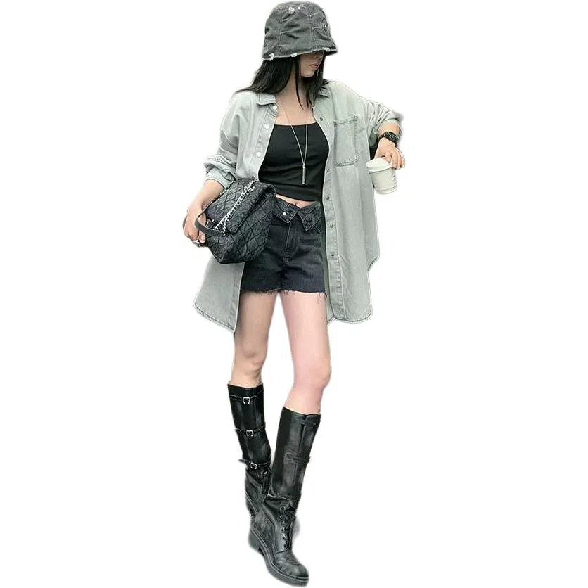 美洋 烟雾灰牛仔长绒棉衬衫 女款