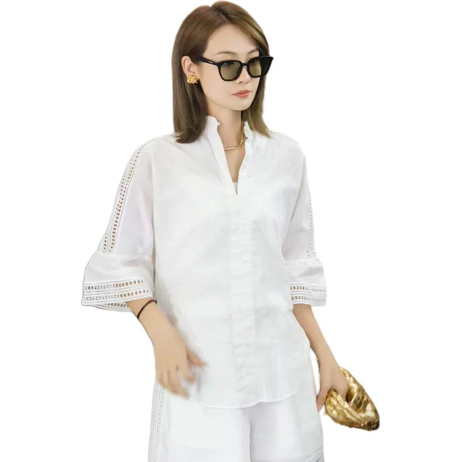 美洋 棉麻蕾丝镂空立领衬衫 女款