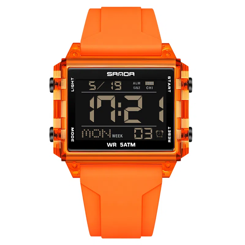 三达 时尚男士潮流方块腕表 电子机芯 硅胶表带 国表 男表 黑色表盘 防水夜光