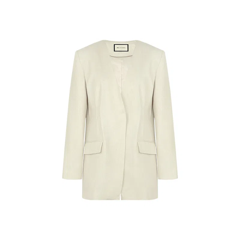 美洋 麻感珠边线无领西装 女款