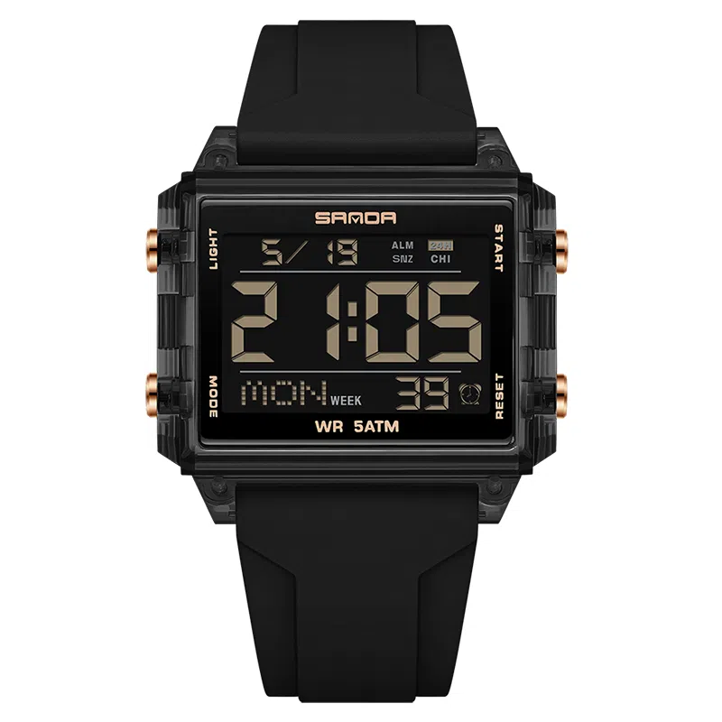 三达 时尚男士潮流方块腕表 电子机芯 硅胶表带 国表 男表 黑色表盘 防水夜光