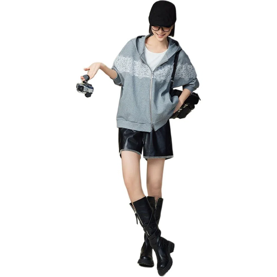 美洋 肌理银蕾丝拼接卫衣 女款