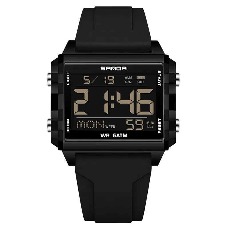 三达 时尚男士潮流方块腕表 电子机芯 硅胶表带 国表 男表 黑色表盘 防水夜光