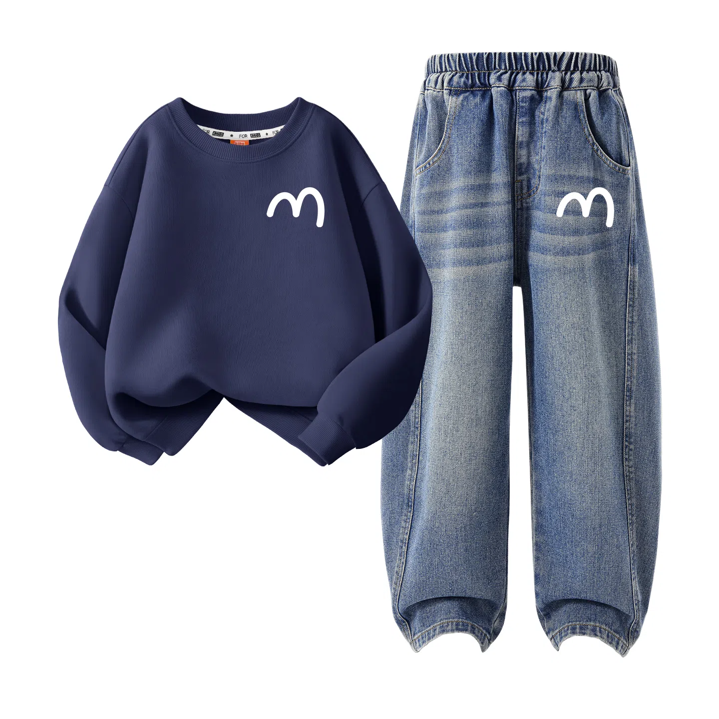 FAIRWHALE Casual Sports Set Basic Crewneck Sweatshirt Split Straight Pants Kids Autumn