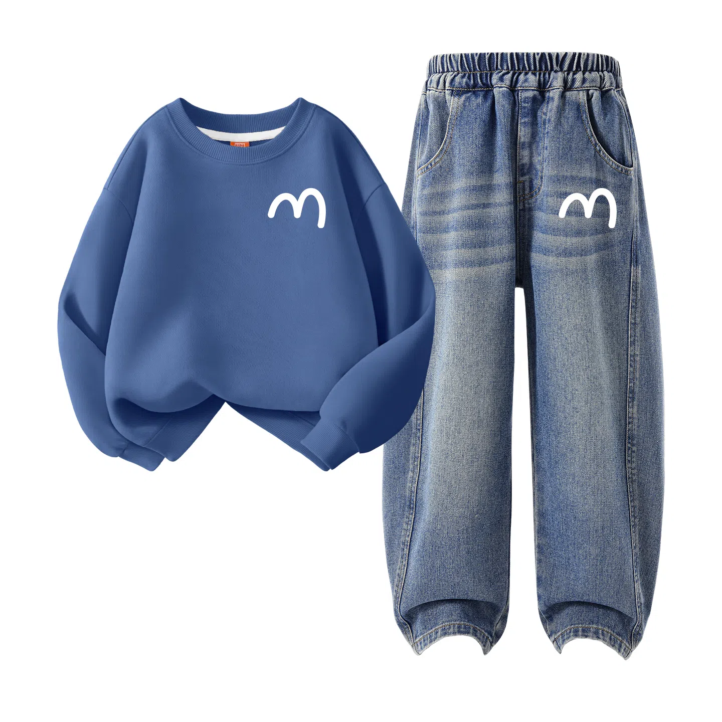 FAIRWHALE Casual Sports Set Basic Crewneck Sweatshirt Split Straight Pants Kids Autumn