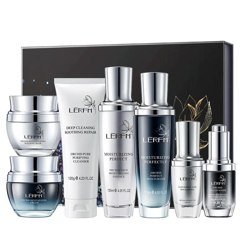 蓝尼芳可 可兰花透肌小黑瓶七件套补水保湿提亮抗皱护肤品套装 提亮保湿补水