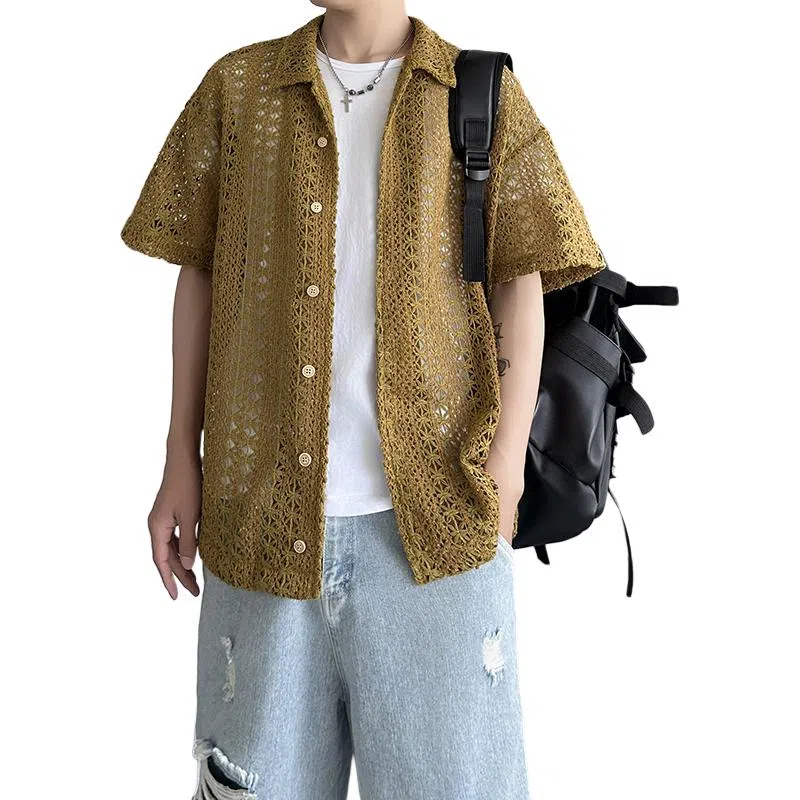 金盾 镂空棕绿翻领纯色短袖衬衫 男款