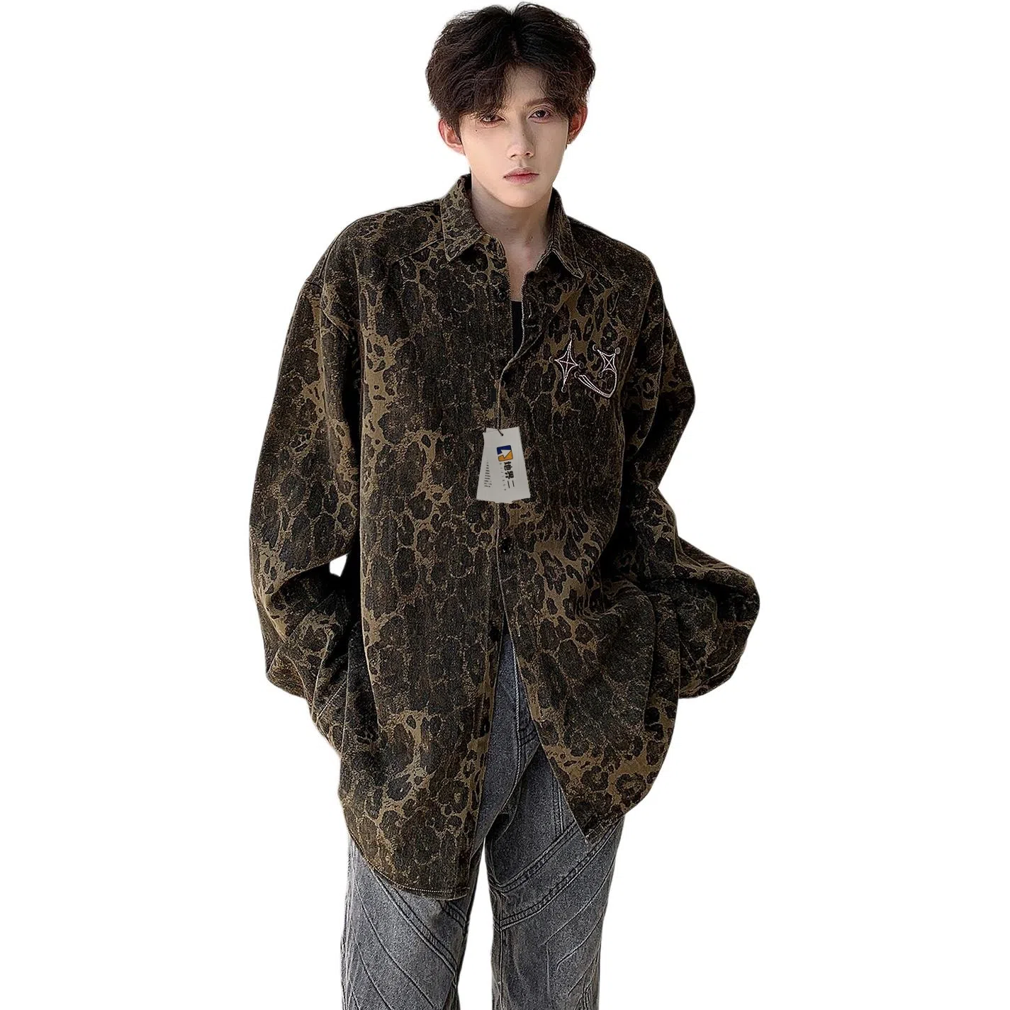 地界二 美式高街水洗豹纹夹克男潮牌嘻哈小众宽松休闲衬衣水洗豹纹牛仔外套 男款