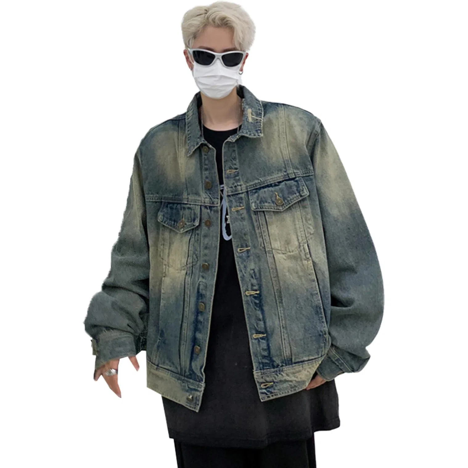 地界二 美式高街水洗做旧潮牌复古痞帅宽松翻领夹克水洗做旧复古痞帅纯色牛仔外套 男款