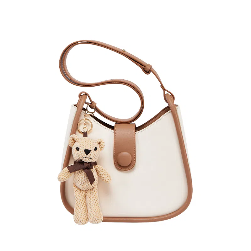 纳兰杜 时尚高级感潮流百搭高颜值设计感 牛皮 水桶包马鞍包斜挎单肩包 女款 米白色