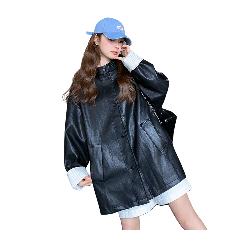 稻草人 复古立领中长款休闲宽松皮衣 女款