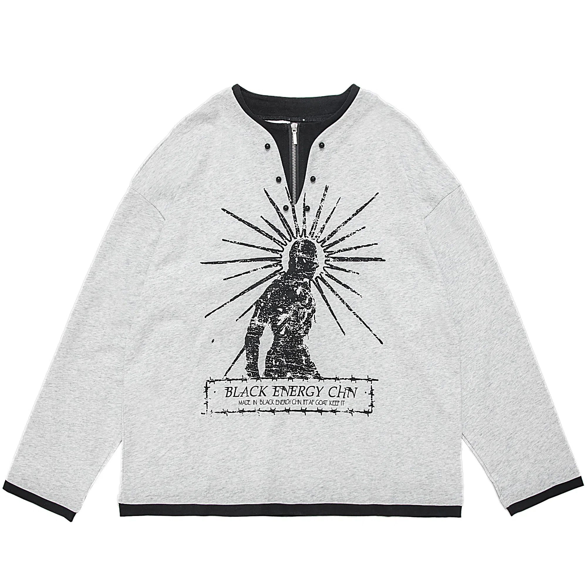 STRANGER LAB Vintage Henry Collar Printed Long Sleeve Tee