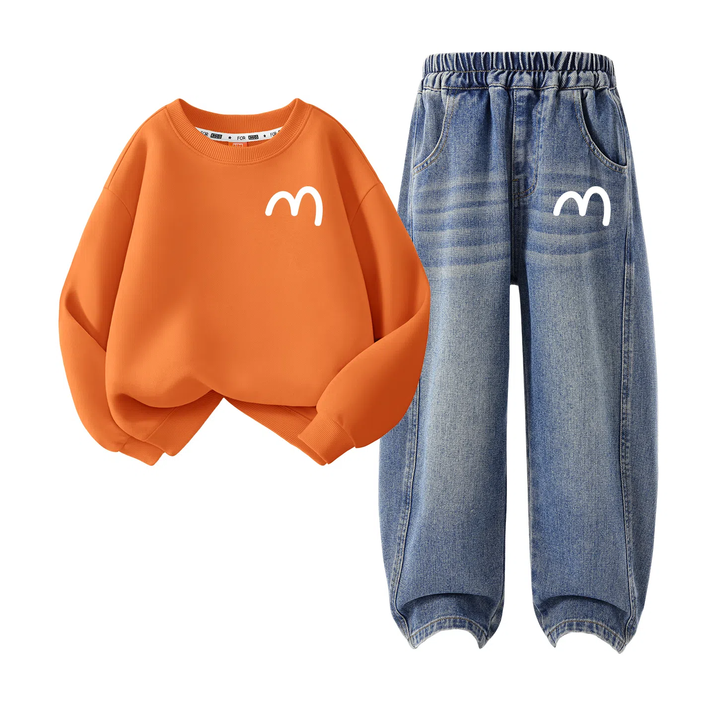 FAIRWHALE Casual Sports Set Basic Crewneck Sweatshirt Split Straight Pants Kids Autumn