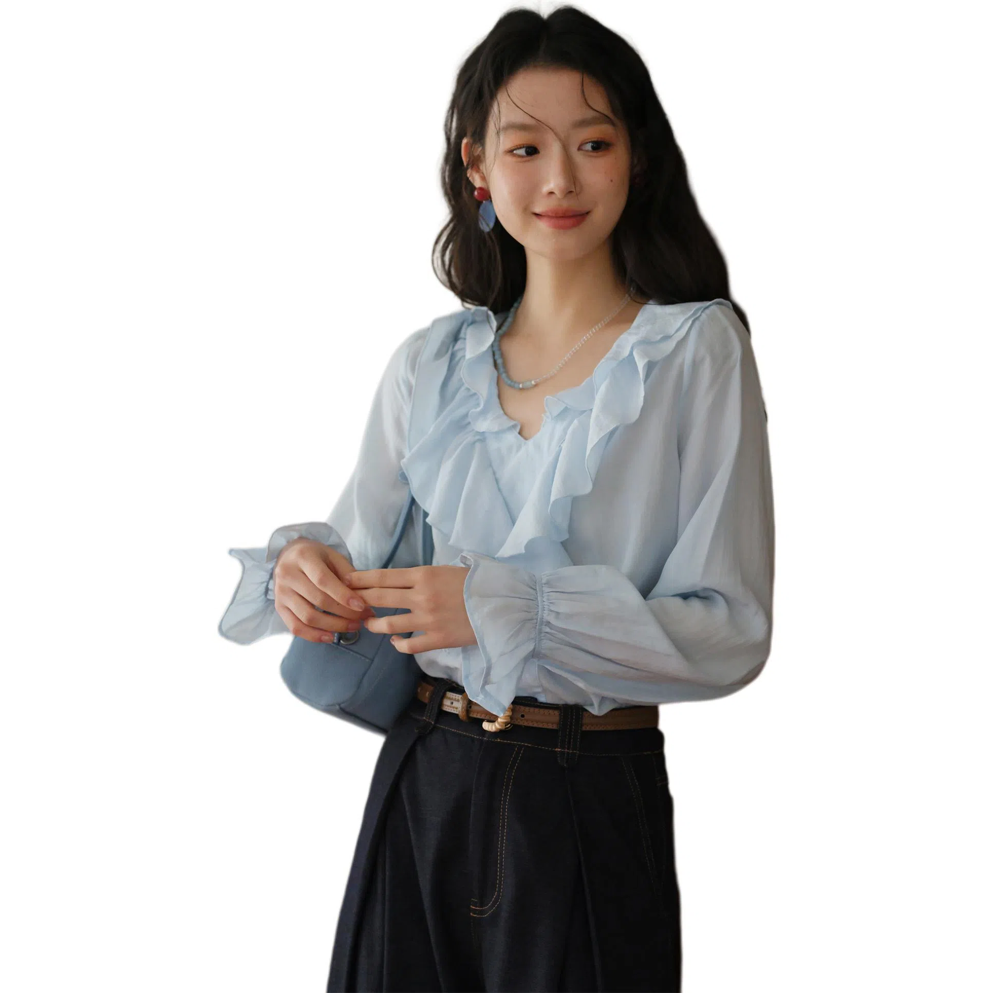 谜秀 蓝色荷叶边小衫衬衫 女款