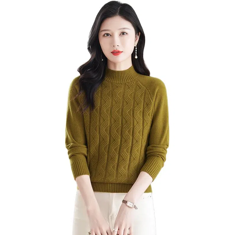 恒源祥 休闲简约气质时尚半高领纯色波浪纹路长袖针织衫 女款