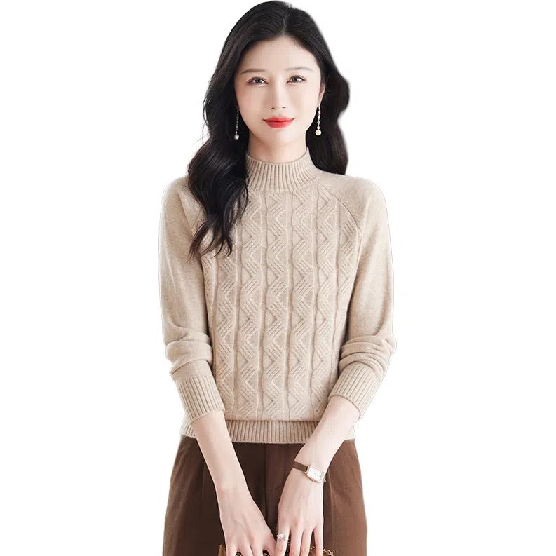 恒源祥 休闲简约气质时尚半高领纯色波浪纹路长袖针织衫 女款