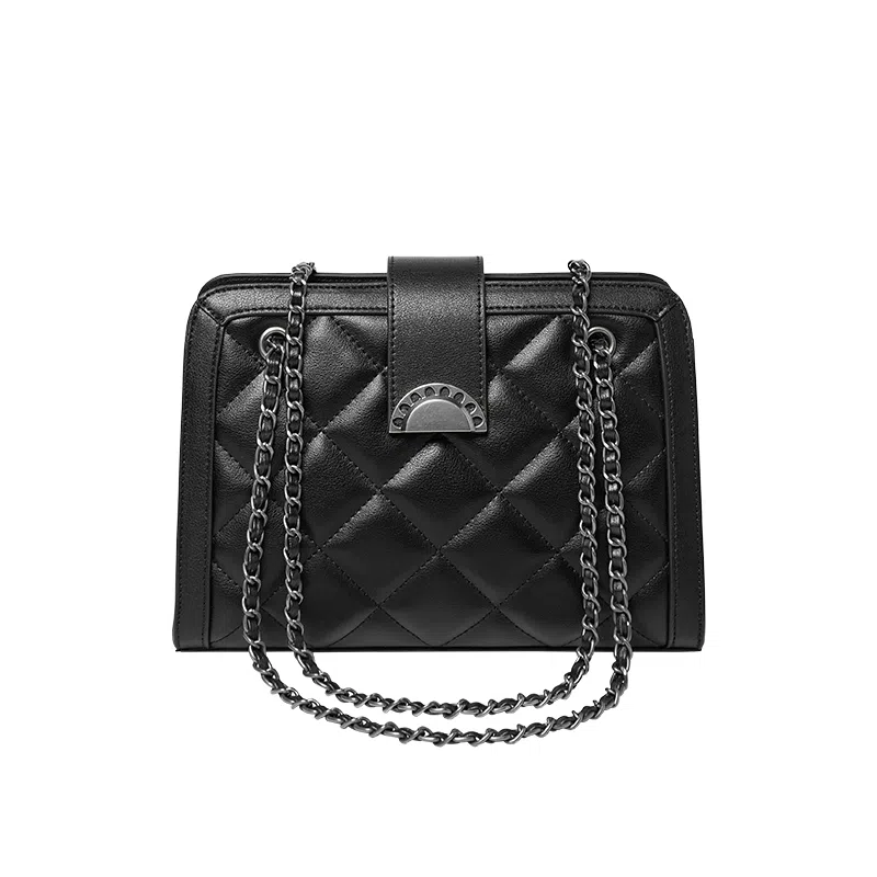 纳兰杜 包包女包 百搭菱格小香风潮流时尚高颜值 牛皮合成革 通勤包腋下包链条包单肩斜挎包 中号 女款 子夜黑/米白拼杏色