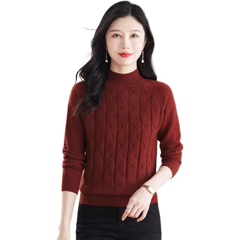 恒源祥 休闲简约气质时尚半高领纯色波浪纹路长袖针织衫 女款