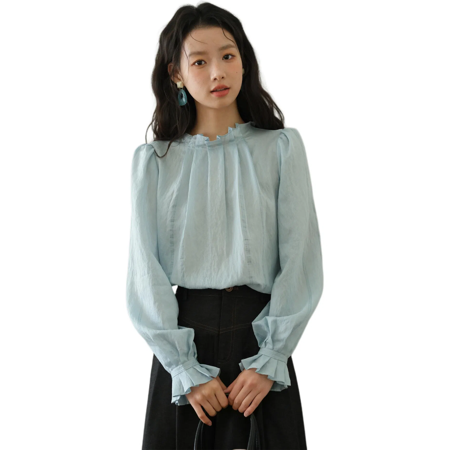 谜秀 蓝色提花肌理木耳边衬衫 女款