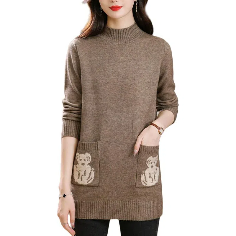 恒源祥 气质简约纯色印花半高领中长款长袖针织衫 女款