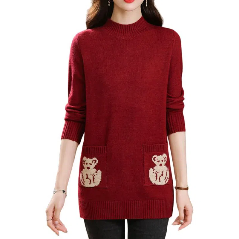 恒源祥 气质简约纯色印花半高领中长款长袖针织衫 女款