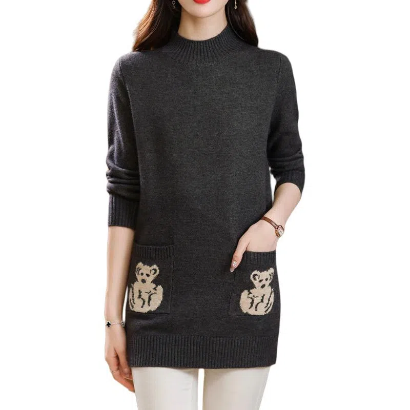 恒源祥 气质简约纯色印花半高领中长款长袖针织衫 女款