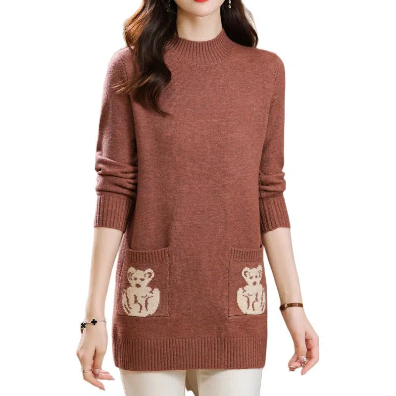 恒源祥 气质简约纯色印花半高领中长款长袖针织衫 女款