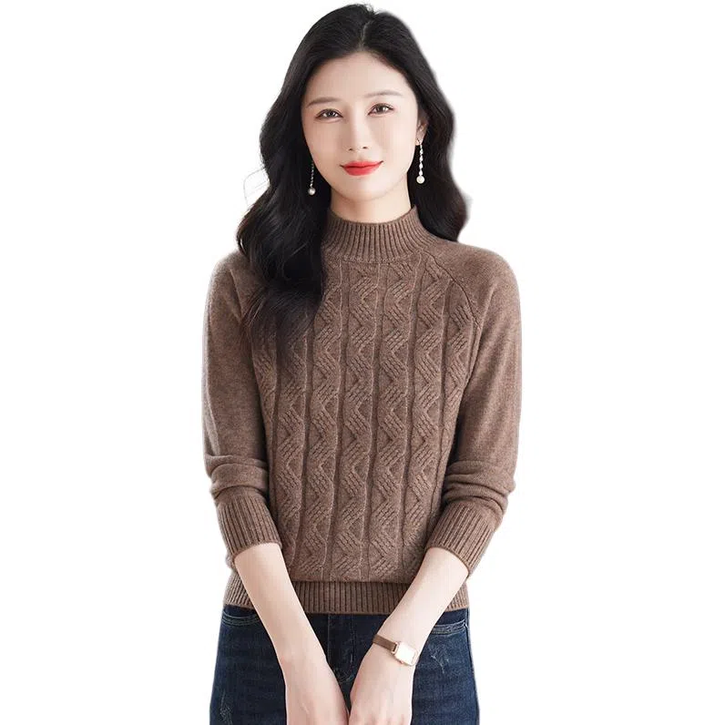 恒源祥 休闲简约气质时尚半高领纯色波浪纹路长袖针织衫 女款