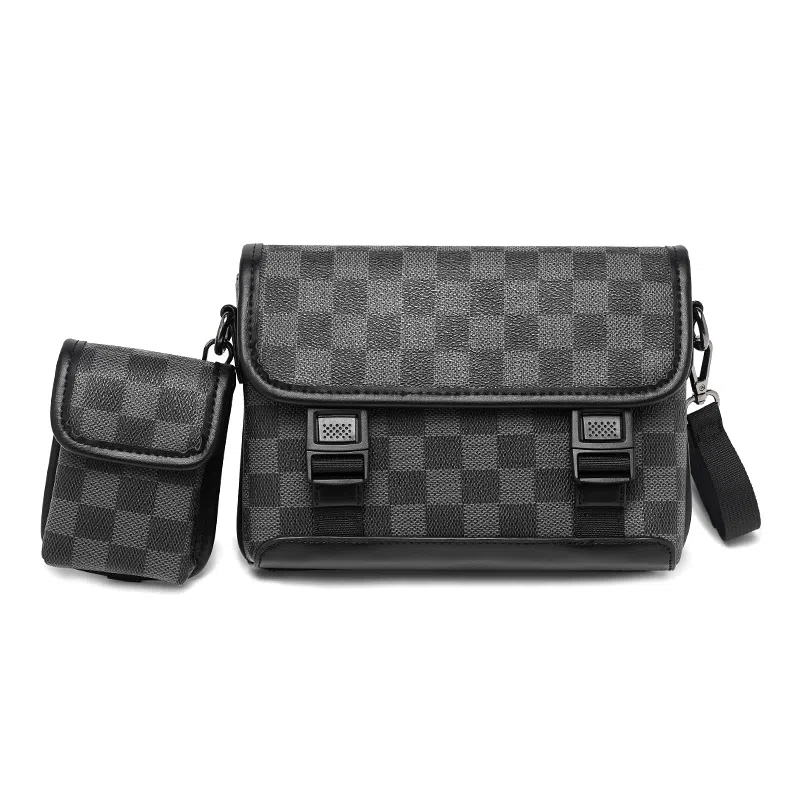 老人头 经典设计时尚个性潮流通勤格子休闲百搭小众设计斜挎邮差包 合成革 单肩包 常规 男款 黑色