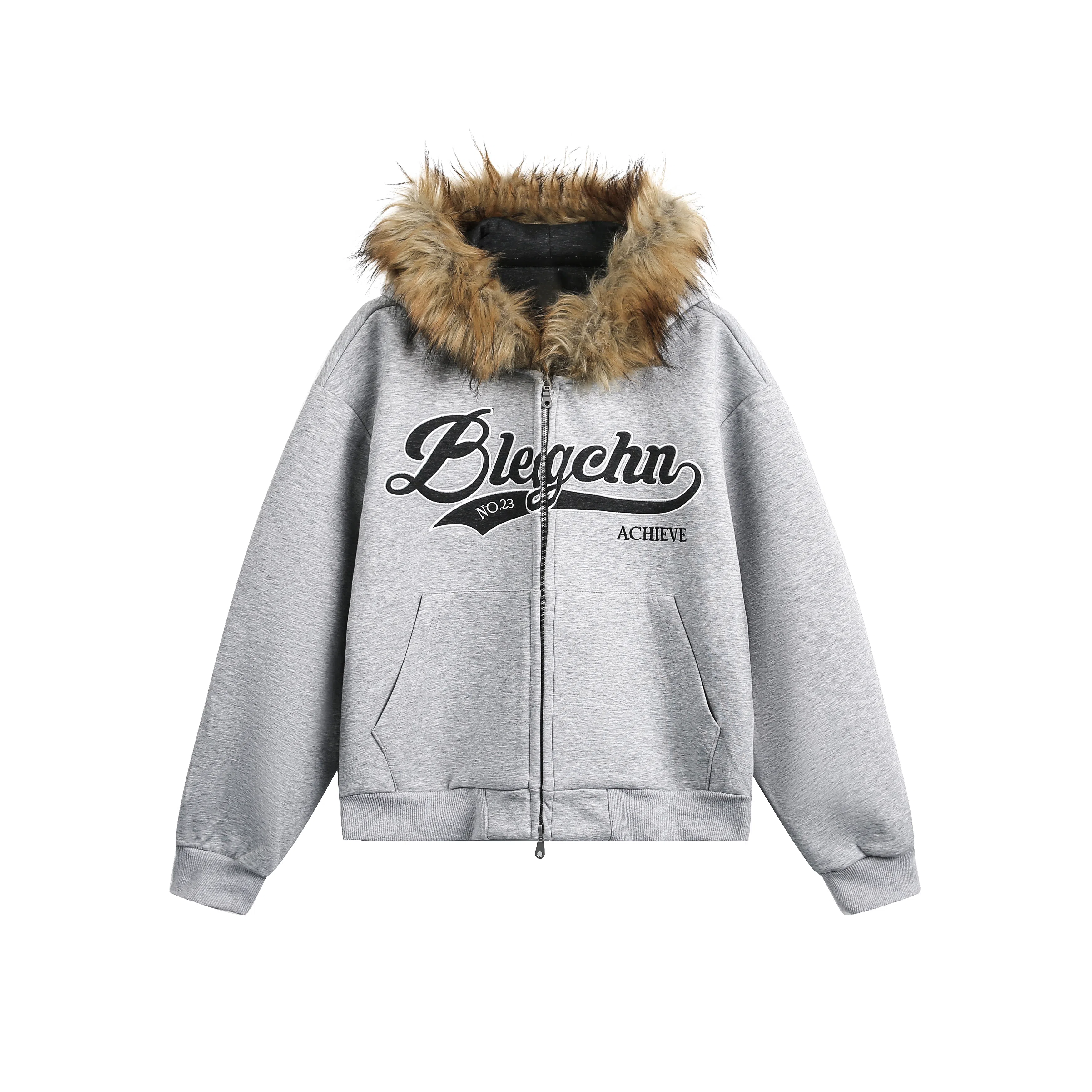 【dme】 美式复古字母刺绣印花毛领连帽开衫潮流宽松休闲百搭上衣卫衣 男女同款