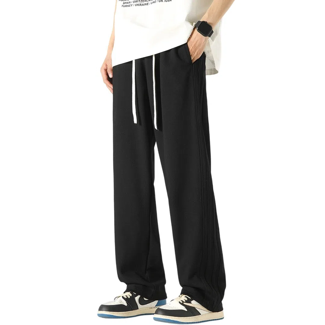 顶峰保罗 纯色冰丝垂感条纹直筒日系潮牌无性别主义宽松高街阔腿舒适百搭时尚运动裤休闲裤 男女同款