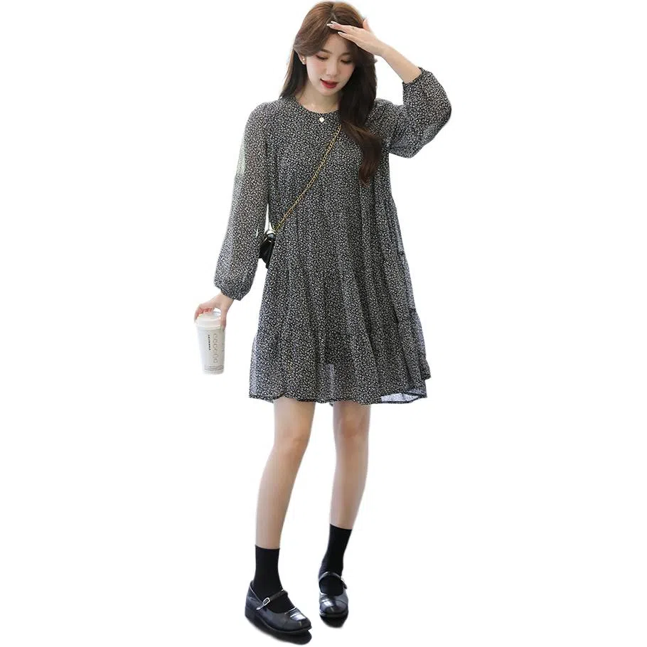 柏黛妃 清新少女感花色宽松长袖连衣裙 女款