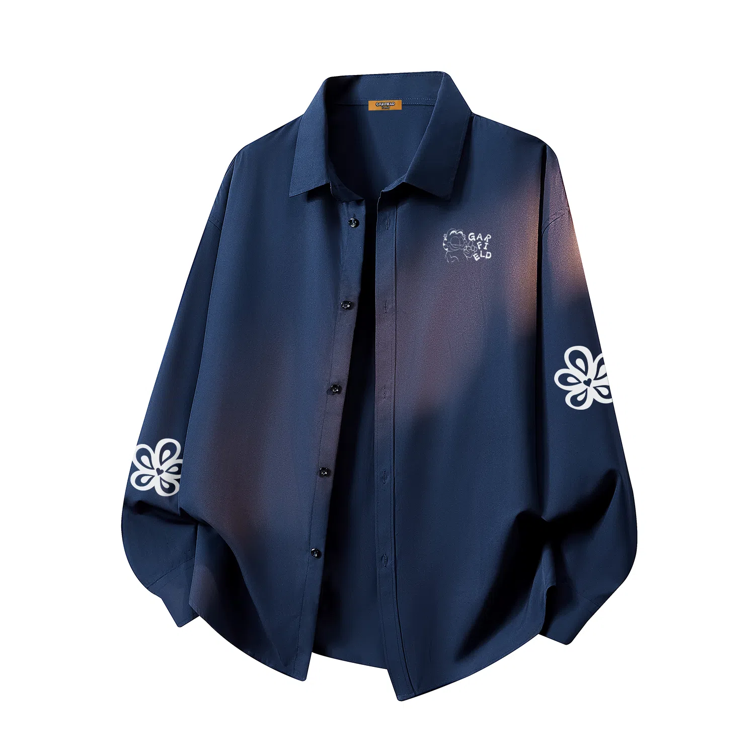 加菲猫家族 美式潮流时尚加菲猫卡通植物花卉印花百搭无性别主义落肩袖翻领衬衣叠穿春秋款日常通勤长袖少年感宽松上衣休闲外套衬衫 男女同款