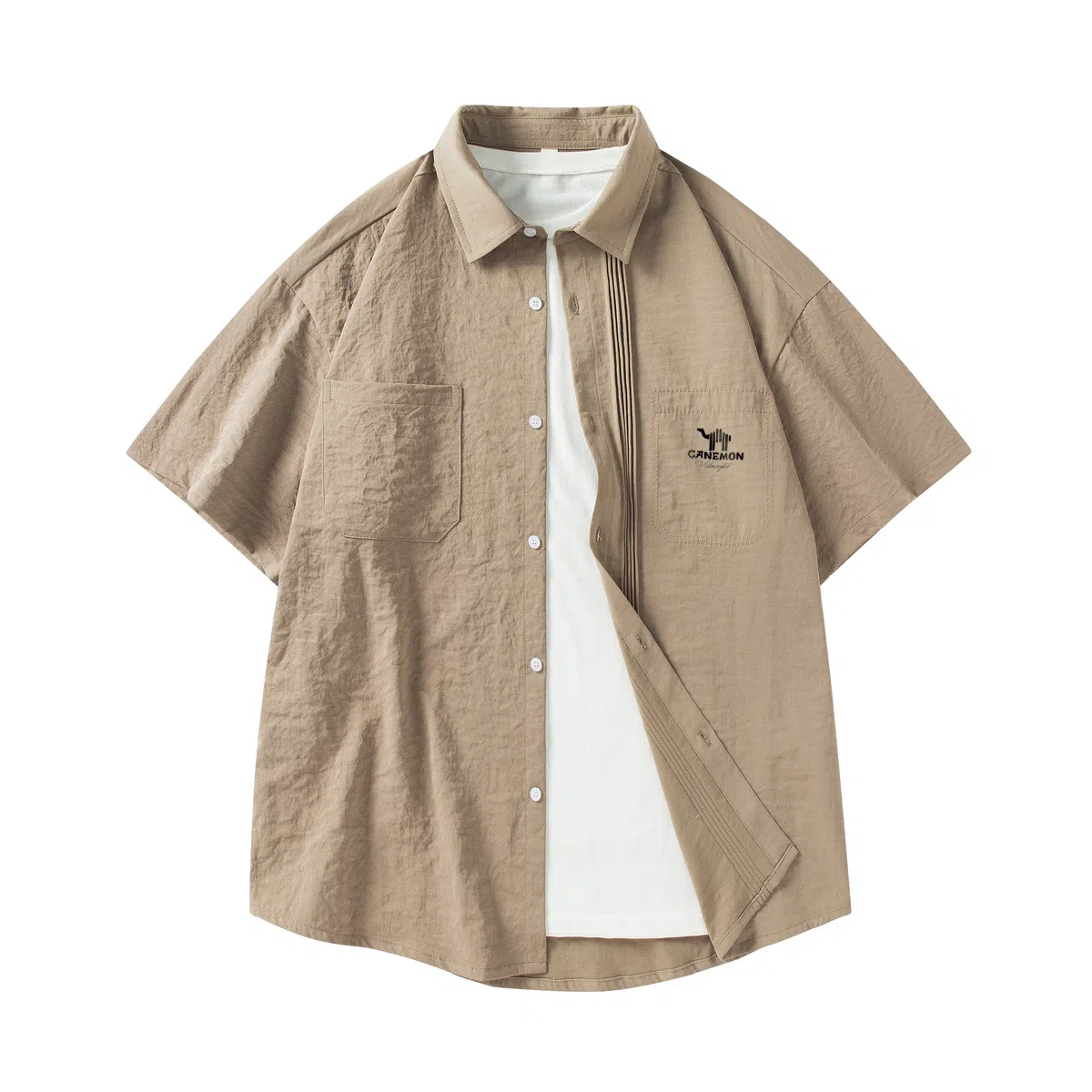 领航骆驼 时尚街头纯色简约印花基础款潮流百搭透气垂感翻领短袖衬衫  男女同款