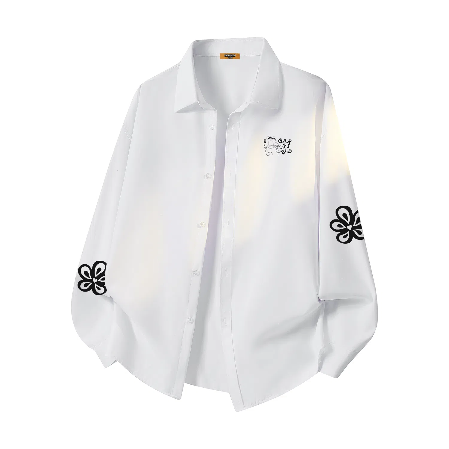 加菲猫家族 美式潮流时尚加菲猫卡通植物花卉印花百搭无性别主义落肩袖翻领衬衣叠穿春秋款日常通勤长袖少年感宽松上衣休闲外套衬衫 男女同款