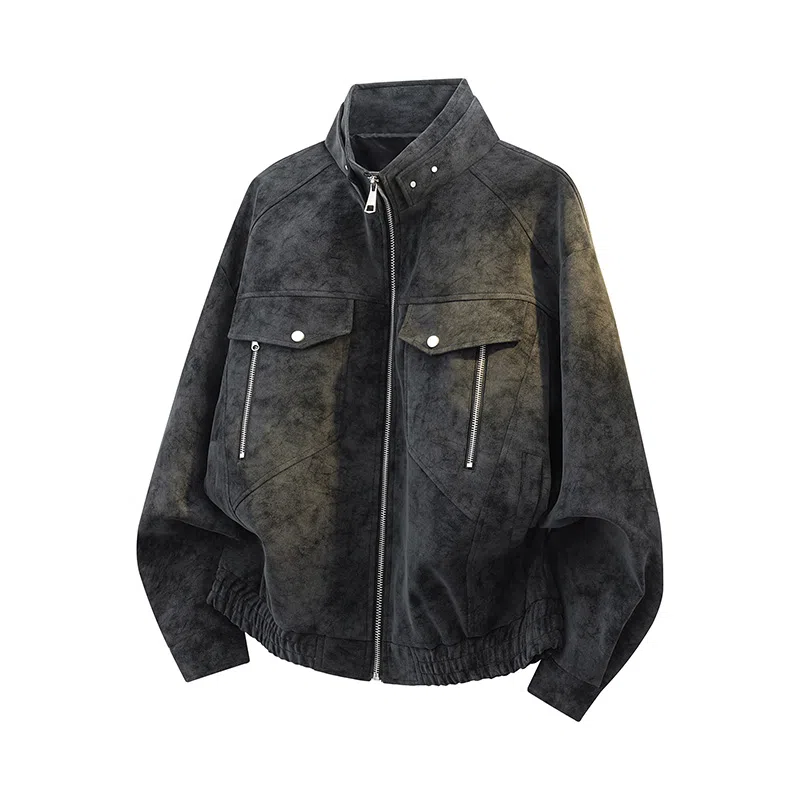 艾梵斯贝 美式复古潮流立领扎染高级感设计无性别主义高街风潮牌日常通勤百搭帅酷气质宽松休闲皮衣 男女同款