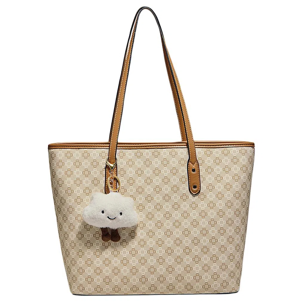 老人头 时尚简约小众设计印花百搭通勤托特包 合成革 单肩包 常规 女款 卡其色