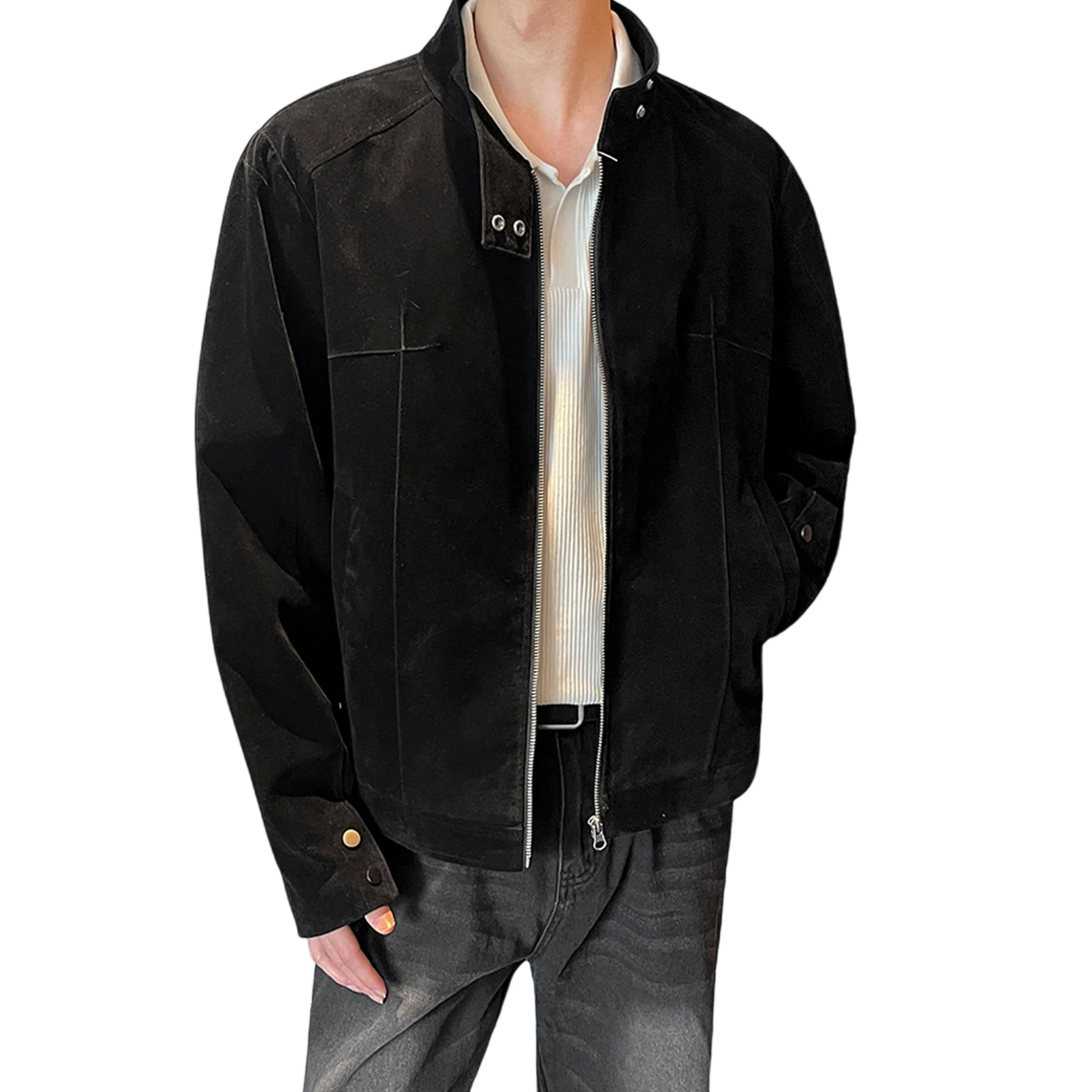 冈哉 美拉德麂皮皮上衣解构拼接立领设计美式复古高街痞帅休闲做旧纯色垂感小众夹克外套 男女同款