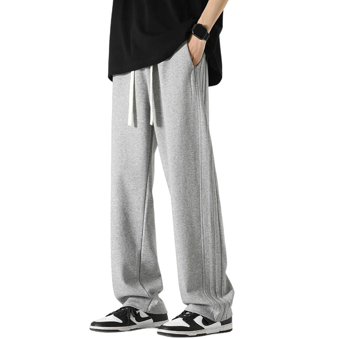 顶峰保罗 纯色冰丝垂感条纹直筒日系潮牌无性别主义宽松高街阔腿舒适百搭时尚运动裤休闲裤 男女同款