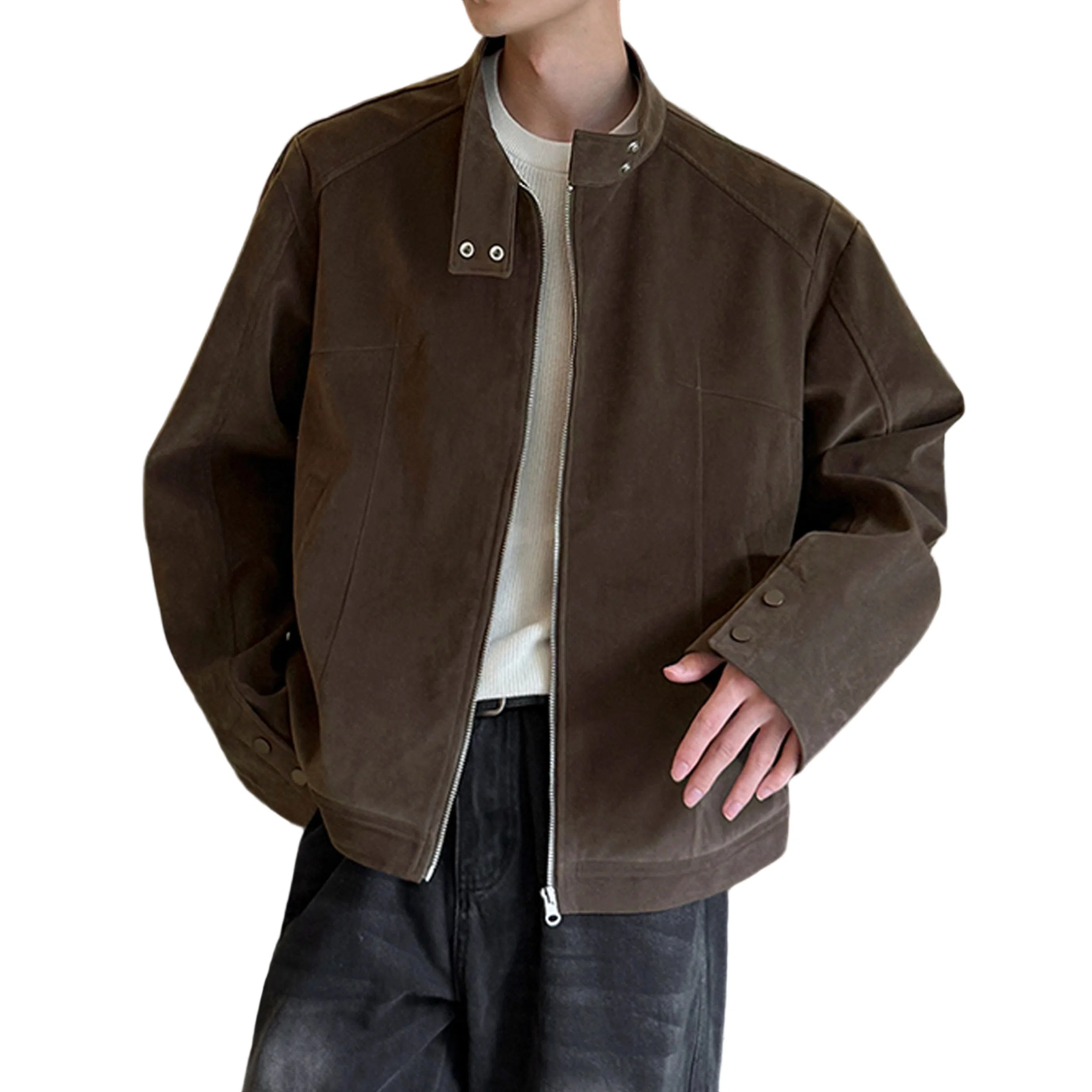 冈哉 美拉德麂皮皮上衣解构拼接立领设计美式复古高街痞帅休闲做旧纯色垂感小众夹克外套 男女同款