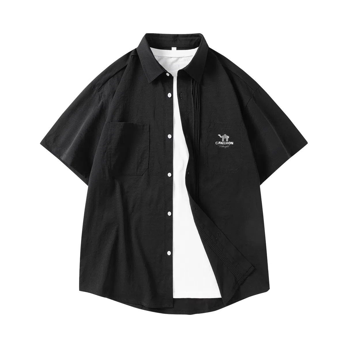 领航骆驼 时尚街头纯色简约印花基础款潮流百搭透气垂感翻领短袖衬衫  男女同款