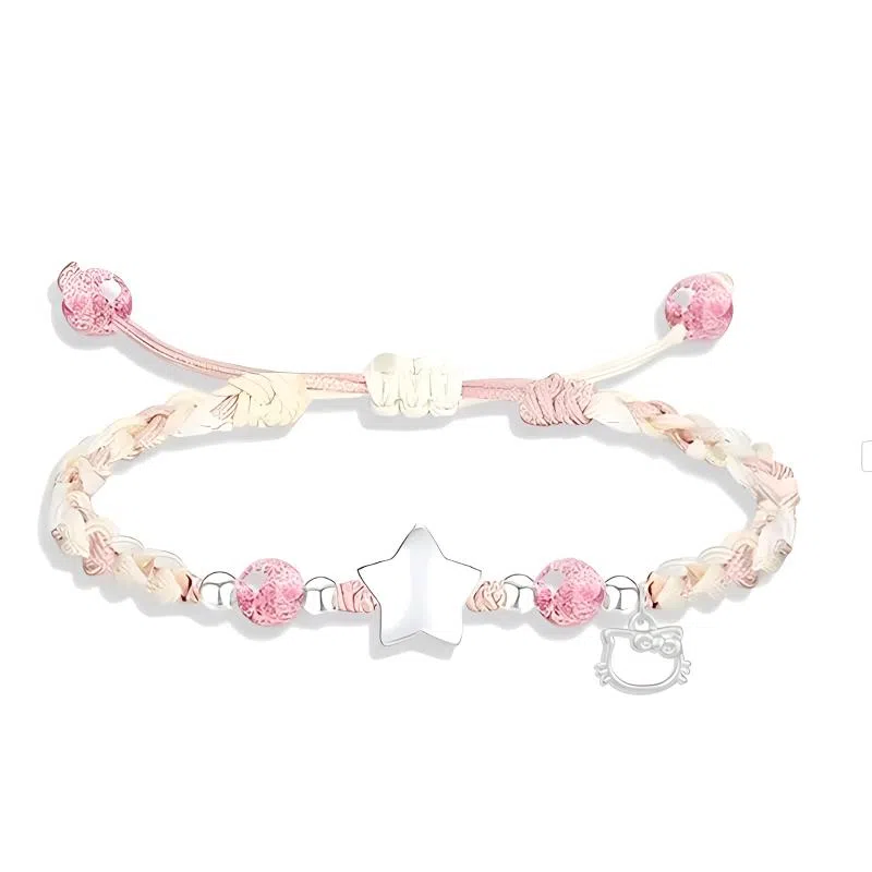 【S999纯银招财猫】 京华录 少女星愿 粉色甜美可爱立体星星造型设计转运珠编织绳 甜蜜浪漫小清新恋爱告白 琉璃 手绳 男女同款情侣款