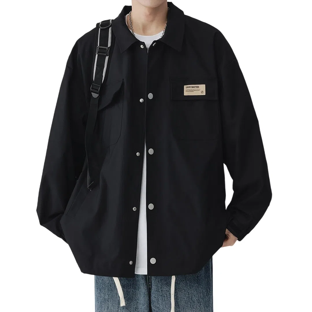 顶峰保罗 美式纯色翻领上衣无性别主义宽松休闲痞帅百搭潮牌衬衫式外套夹克 男女同款