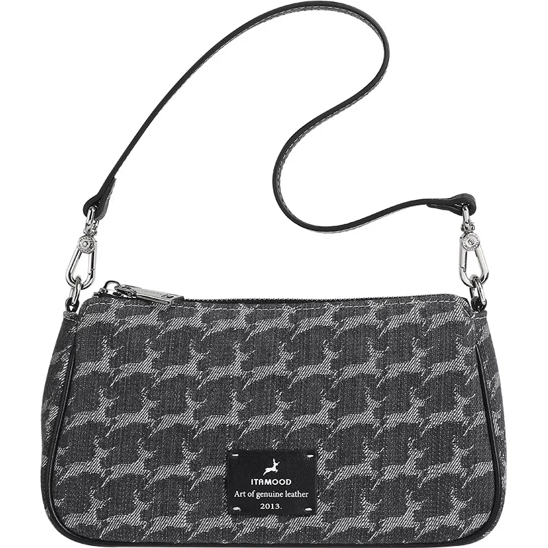 妙迪 复古时尚小众设计高级感法棍麻将包 织物 单肩包 女款 丹宁黑