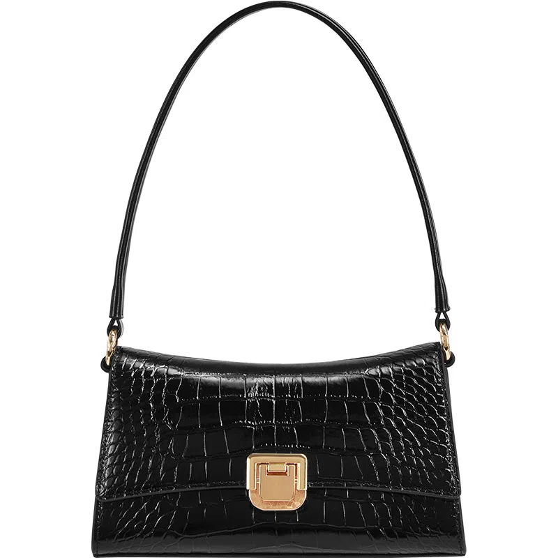 妙迪 高级质感百搭通勤时尚鳄鱼纹高质感优雅气质腋下法棍包派对聚会 牛皮 单肩斜挎包 女款 子夜黑